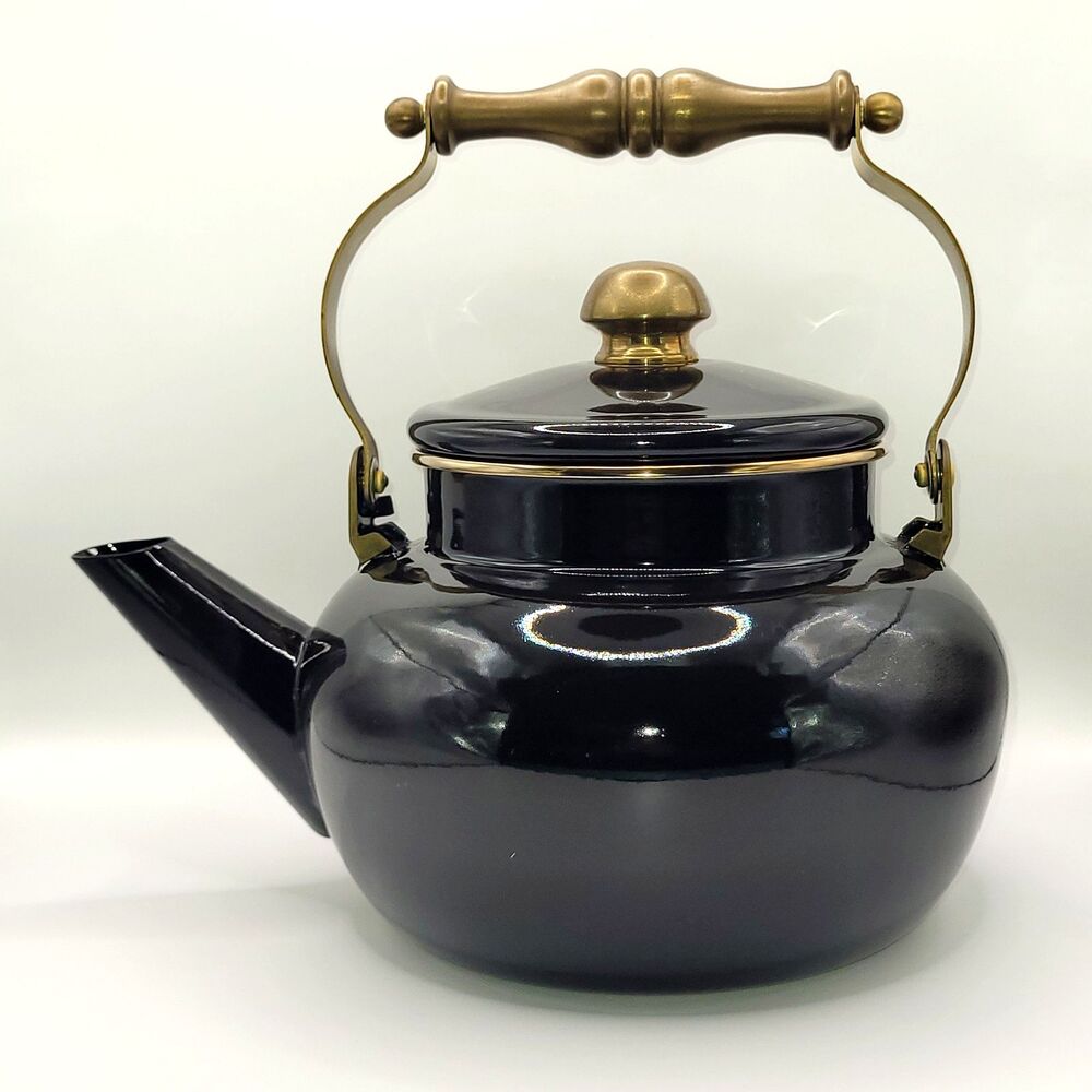 Vintage Black Enamel Teapot Brass Handle & Lid Knob Rim Accent Taiwan Clean EUC